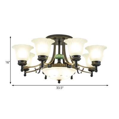 Flower Ceiling Lamp with Bowl Shade Frosted Glass 9/11/13 Lights Retro Semi Flush Lighting in Black