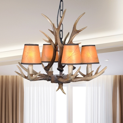 Height Adjustable Chandelier Lamp with Cone Shade and Antlers Resin Country 4/6/8/10/15 Bulbs Pendant Lighting in Brown