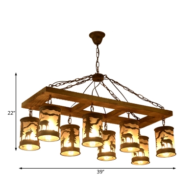 Linear Island Lighting Country Style Solid Wood and Metal 8 Lights Multi Light Pendant in Rust