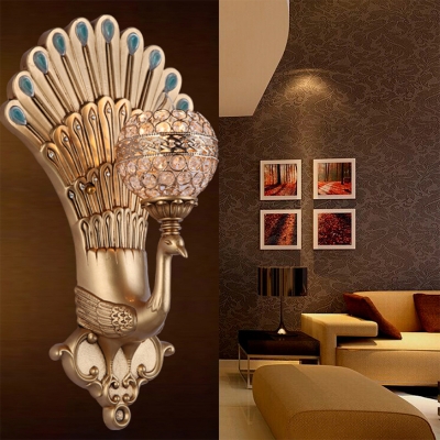 Metal Bowl Shade Wall Mount Lamp with Crystal Traditional 1 Light Peacock Wall Lighting in Gold for Bedroom