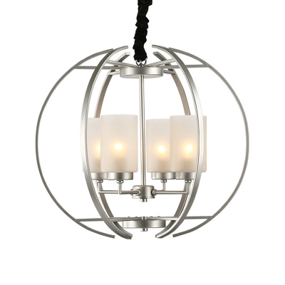 Silver Orb Hanging Lamp with Cylinder Opal Glass Shade 4 Lights Vintage Foyer Chandelier