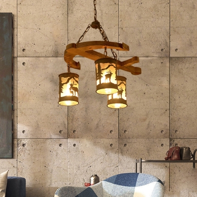 Triple Light Cylinder Pendant Lamp with Wooden Anchor Accents Loft Style Fabric Hanging Chandelier in Rust