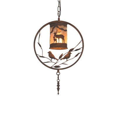 1/2/3-Head Metal Ring Hanging Pendant with Bird Rustic Ceiling Light with Cylinder Shade and Elk Pattern in Centennial Rust