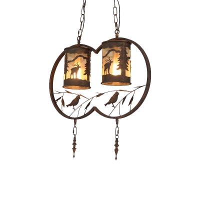 1/2/3-Head Metal Ring Hanging Pendant with Bird Rustic Ceiling Light with Cylinder Shade and Elk Pattern in Centennial Rust