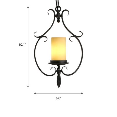 Etched Beige Glass Pendant Lighting Countryside 1 Light Pendant Fixture with Metal Cage in Antique Black Finish