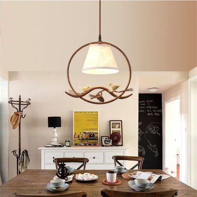 Fabric Cone Hanging Lamp Rustic 1 Light Suspension Light with Metal Frame and Bird Decoration in Rust