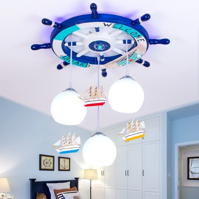 Round Rudder Ceiling Light with Globe Glass Shade Nautical Wood Pendant Lighting