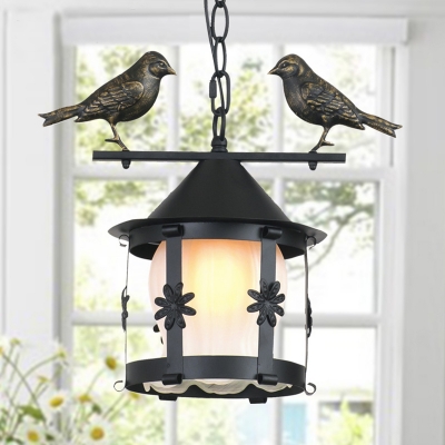 Cylinder Hanging Lamp with Opal Glass Shade Country 1/2-Light Metal Ceiling Pendant with Bird in Black/Aged Brass
