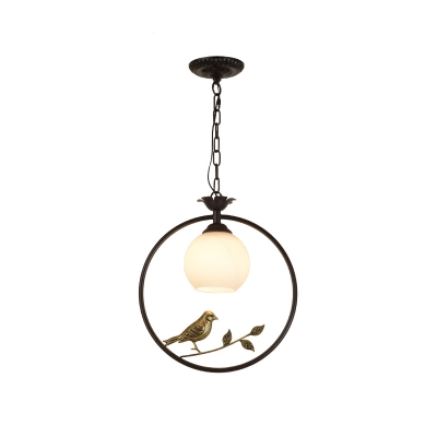 Black/Gold Ring Lighting Pendant Countryside 1 Light Metal Hanging Lamp with Opal Glass Dome Lampshade for Dining Table