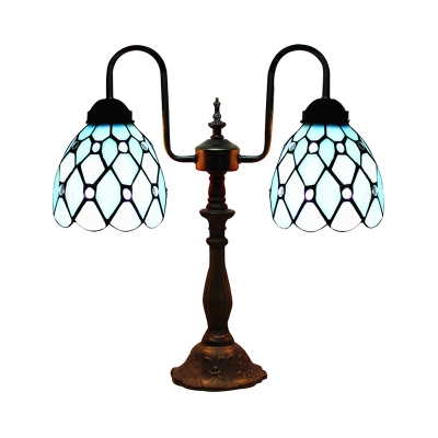 Bronze Armed Blue Stained Glass Tiffany Two-light Buffet Table Lamp