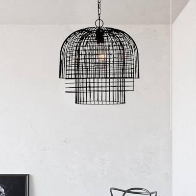 Metal Cage Frame Ceiling Pendant Light Vintage 1 Light Hanging Light in Black Finish for Living Room