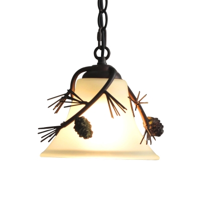 Milk Glass Bell Pendant Light Country 1 Light Hanging Light with Pine Cones Decoration in Bronze