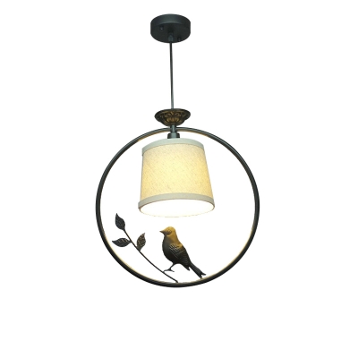 Black/Brass Conic Shade Pendant Light Vintage 1 Light Ceiling Light with Metal Ring and Bird Decoration