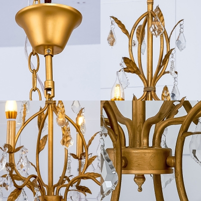 Traditional Candle Chandelier Lamp Metal 4 Lights Hanging Pendant Light in Gold with Crystal Bead