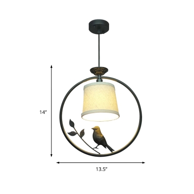 Black/Brass Conic Shade Pendant Light Vintage 1 Light Ceiling Light with Metal Ring and Bird Decoration