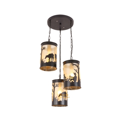1/3-Light Cylinder Hanging Light Country Metal Ceiling Light with Round/Linear Canopy in Black/Antique Brass