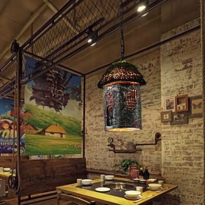 Green House Pendant Lamp Vintage 1 Light Resin Hanging Light with Metal Chain for Restaurant