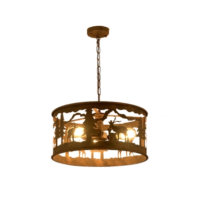 Drum Ceiling Light with Elk Pattern Vintage Metal 1 Light Pendant Lamp in Mottled Rust Iron