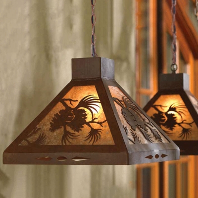 Dark Rust Pyramid Pendant Ceiling Light Vintage 1 Head Metal Hanging Fixture for Indoor