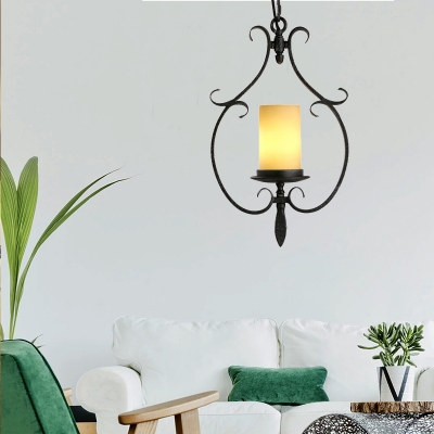 Etched Beige Glass Pendant Lighting Countryside 1 Light Pendant Fixture with Metal Cage in Antique Black Finish