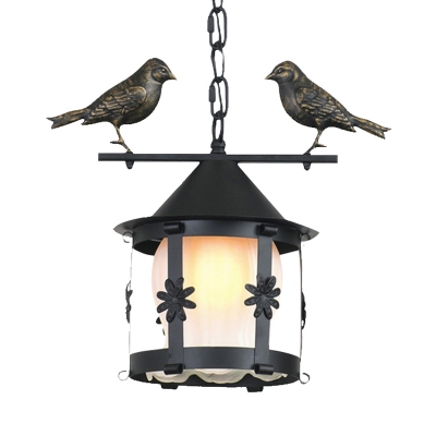 Cylinder Hanging Lamp with Opal Glass Shade Country 1/2-Light Metal Ceiling Pendant with Bird in Black/Aged Brass