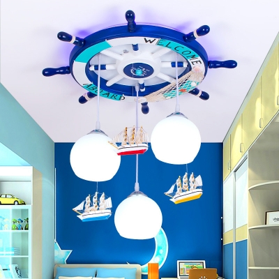 Round Rudder Ceiling Light with Globe Glass Shade Nautical Wood Pendant Lighting