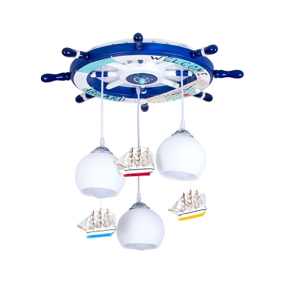 Round Rudder Ceiling Light with Globe Glass Shade Nautical Wood Pendant Lighting