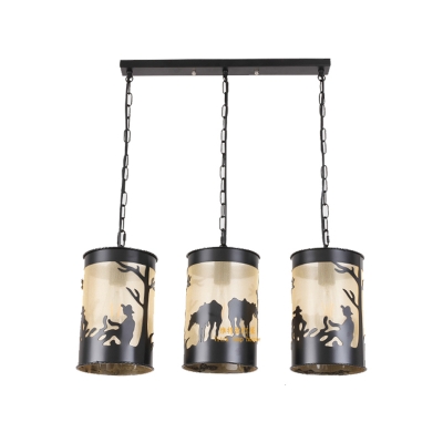 1/3-Light Cylinder Hanging Light Country Metal Ceiling Light with Round/Linear Canopy in Black/Antique Brass