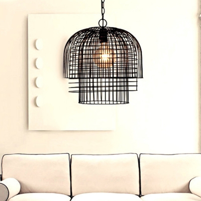 Metal Cage Frame Ceiling Pendant Light Vintage 1 Light Hanging Light in Black Finish for Living Room