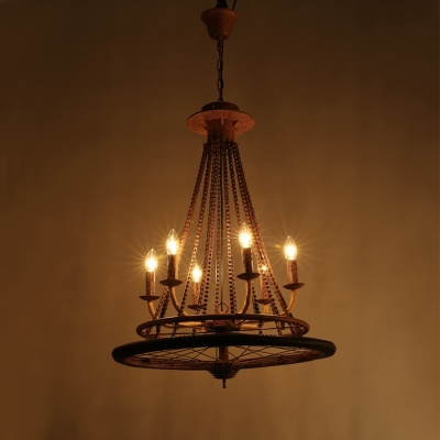 Antique Style Rust Chandelier Candle 6 Lights Metal Pendant Light with Wheel for Cafe