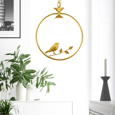 Black/Gold Ring Lighting Pendant Countryside 1 Light Metal Hanging Lamp with Opal Glass Dome Lampshade for Dining Table