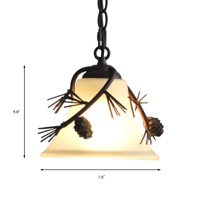 Milk Glass Bell Pendant Light Country 1 Light Hanging Light with Pine Cones Decoration in Bronze