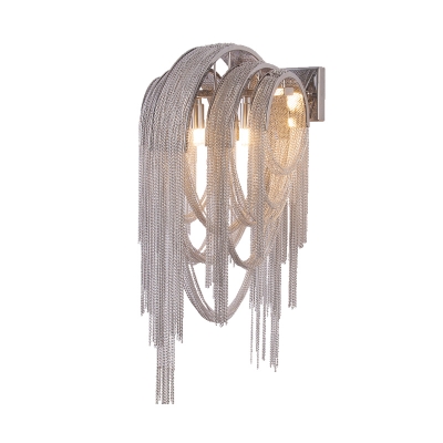 2 Lights Bedroom Wall Mount Light Postmodern Chrome Sconce Light with Draped Metal Chain Shade