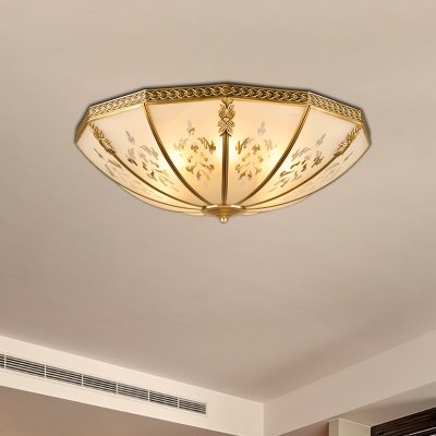 3 Bulbs Bowl Ceiling Mount Colonial Brass Mouth Blown Opal Glass Flush Light Fixture for Bedroom