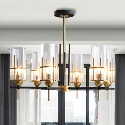 6-Head Clear Glass Chandelier Pendant Contemporary Black and Gold Triangular Prism Suspension Lamp