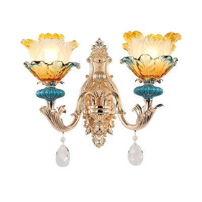 Amber and Blue Glass Floral Wall Light Modern 1/2 Heads Brass Sconce Light Fixture