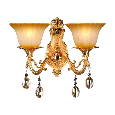 Amber Glass Floral Shape Wall Light Traditional 2 Heads Living Room Sconce Light Fixture in Brass