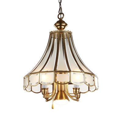 Brass Finish Bell Chandelier Lamp Traditional Frosted Glass 5-Light Suspension Lighting