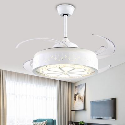 Carved Flower Ceiling Fan Light Modern Style Faceted Crystal White LED Semi Flush Lamp