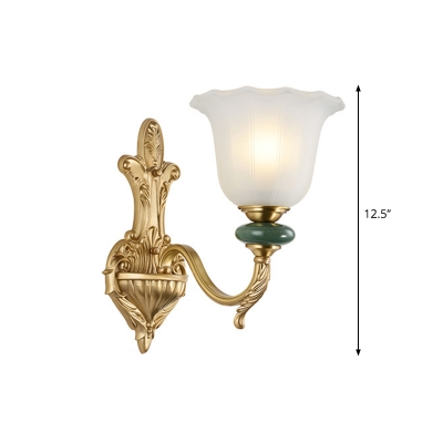 Class Style Floral Wall Lighting Fixture 1/2-Light Frosted Glass and Metal Wall Lamp in Gold for Dining Room