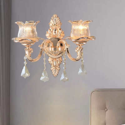 

Contemporary Flower Prism Glass Wall Lamp 1/2 Heads Sconce Light in Brass with Crystal Drop Decoration, HL572813