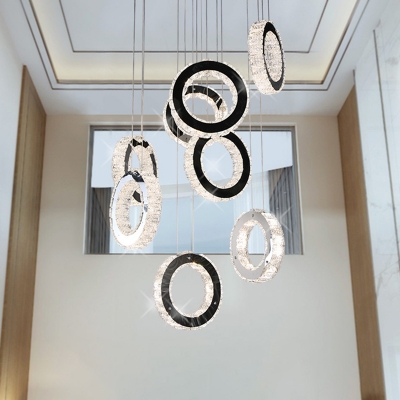 Crystal Black Cluster Pendant Ring LED Contemporary Hanging Ceiling Light for Living Room