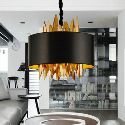 Drum Fabric Chandelier Lamp Traditional 4 Lights Dining Room Pendant Lighting in Black with Metal Leaves
