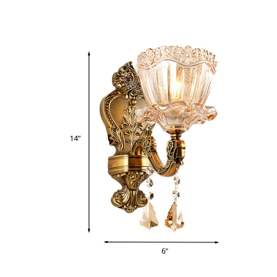 Floral Shape Amber Glass Wall Mount Light Modernism 1/2 Heads Brass Sconce Light Fixture