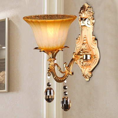 Flower Living Room Wall Mount Light Traditional Amber Glass 1 Head Brass Sconce Light
