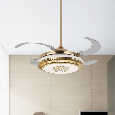Gold Drum Ceiling Fan Lamp Modernist LED Metal Semi Flush Mount Lighting for Living Room, Wall/Remote Control/Frequency Conversion
