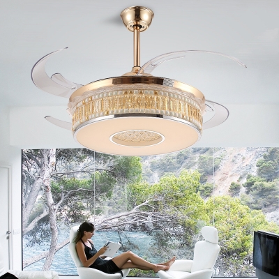 Gold Finish Concave Semi Flush Light Contemporary LED Crystal Block Ceiling Light with Fan