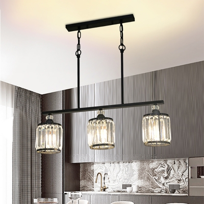 Industrial Cone/Cylinder Hanging Ceiling Light 3 Lights Clear Crystal Linear Chandelier Light in Black