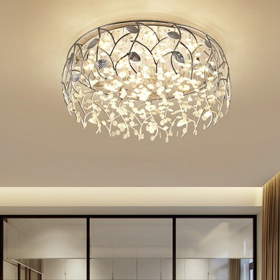 LED Round Flush Mount Lighting Modern Style Chrome Crystal Flushmount Light for Corridor with Leaf Deco