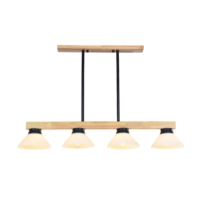 Linear Island Lamp Nordic Wood 4 Lights Black/Gold Hanging Light Kit with Cone White Glass Shade